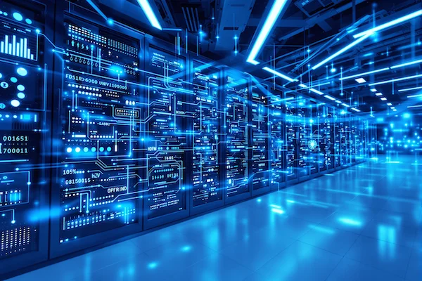 A futuristic server room with glowing blue lights and holographic displays. Data streams flow seamlessly between servers, representing efficient data management. The overall tone is clean, modern, and secure. Image size: 600x400 pixels