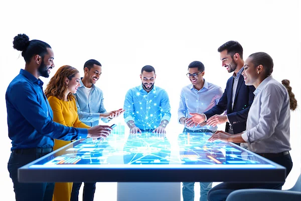 A diverse group of professionals collaborating around a holographic table displaying a complex network of data points. The scene is brightly lit and conveys a sense of innovation and teamwork. The color palette includes blues, greens, and oranges. Image size: 600x400 pixels